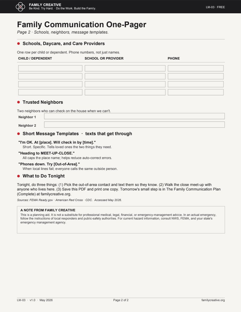 Free Family Communication Plan Two-Pager — Fillable & Printable PDF (LM-03)