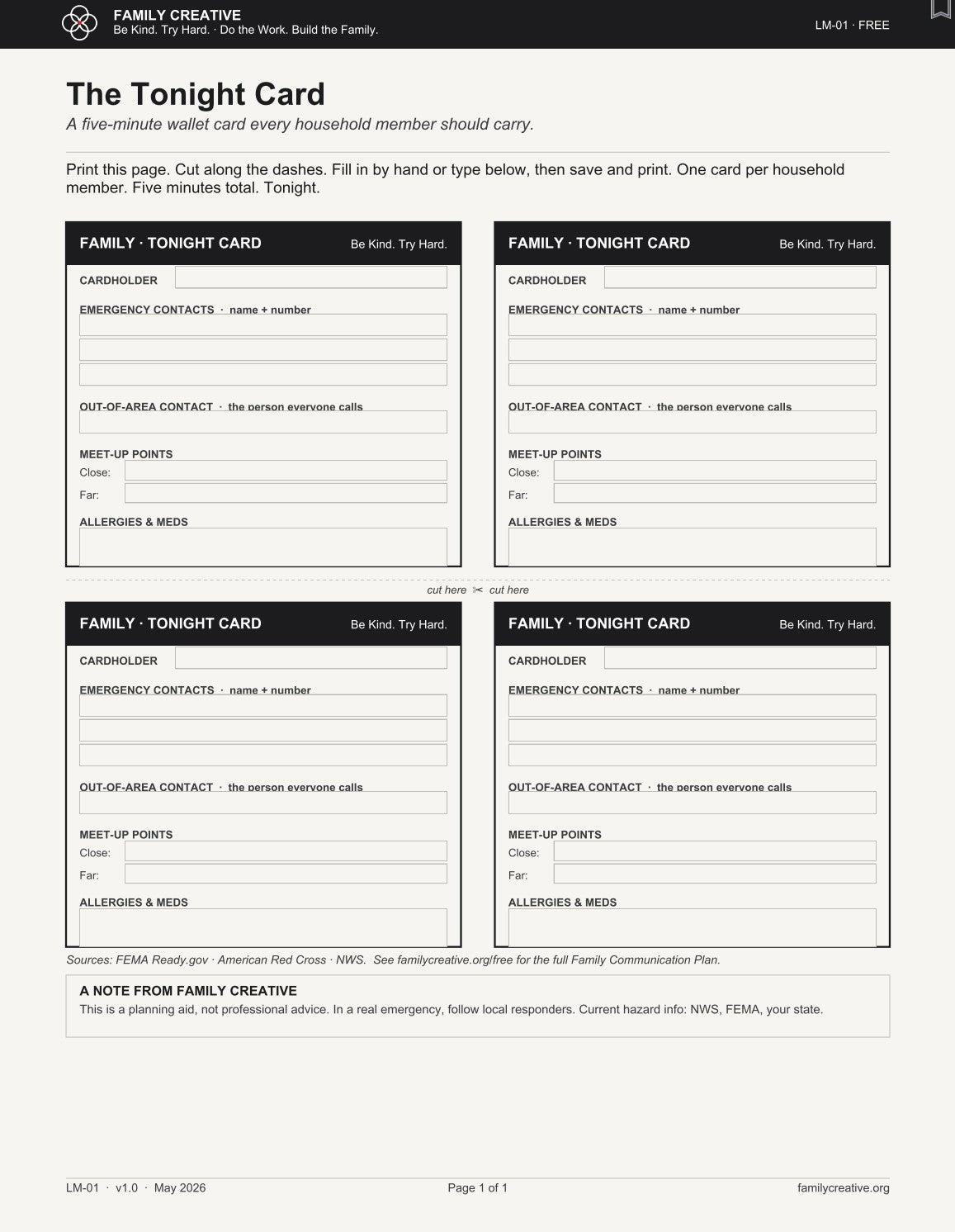Free "Tonight Card" — Fillable & Printable PDF Family Emergency Contact Card (LM-01)