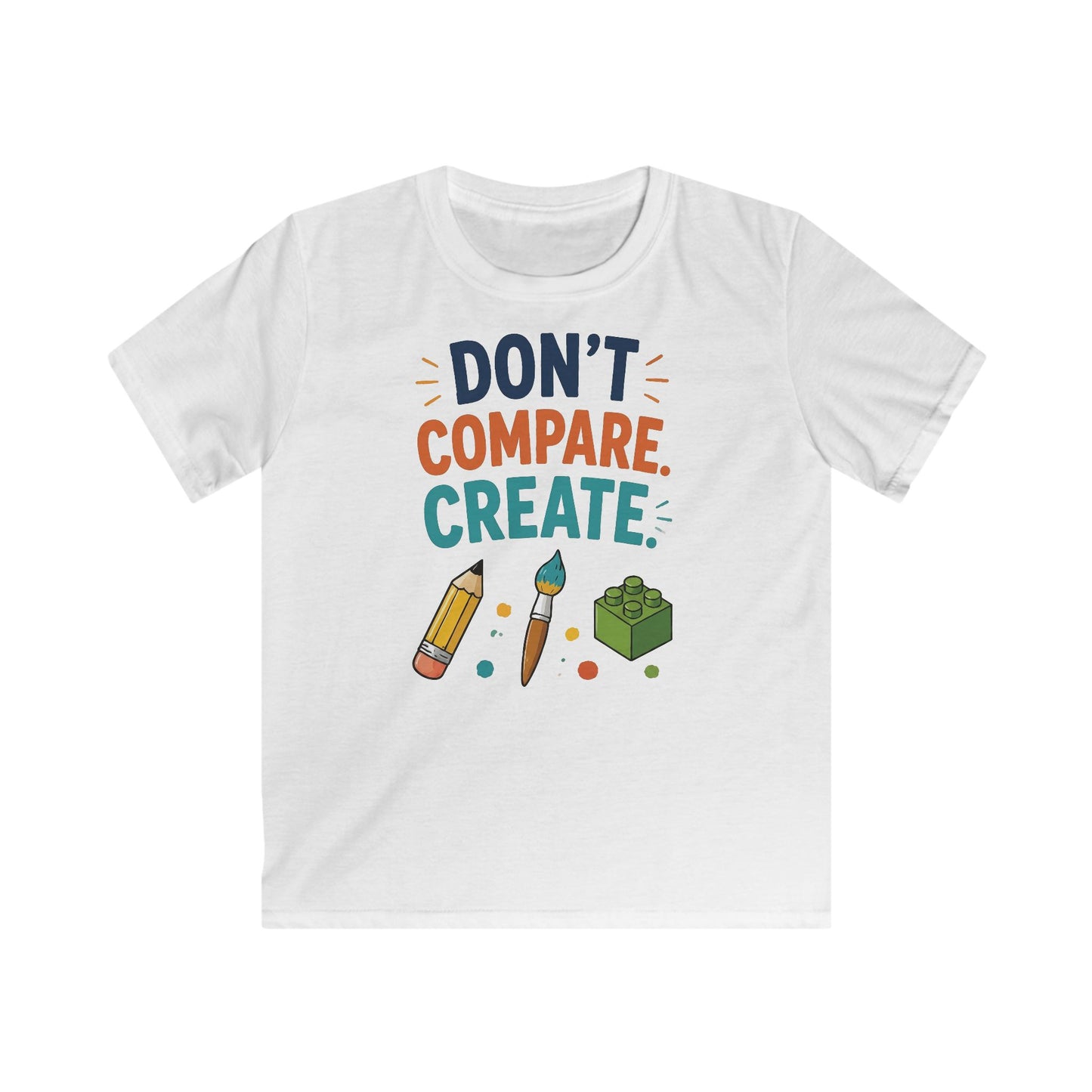 Kids Tee — “Don’t Compare. Create.” Artistic Pencil & Paintbrush Design