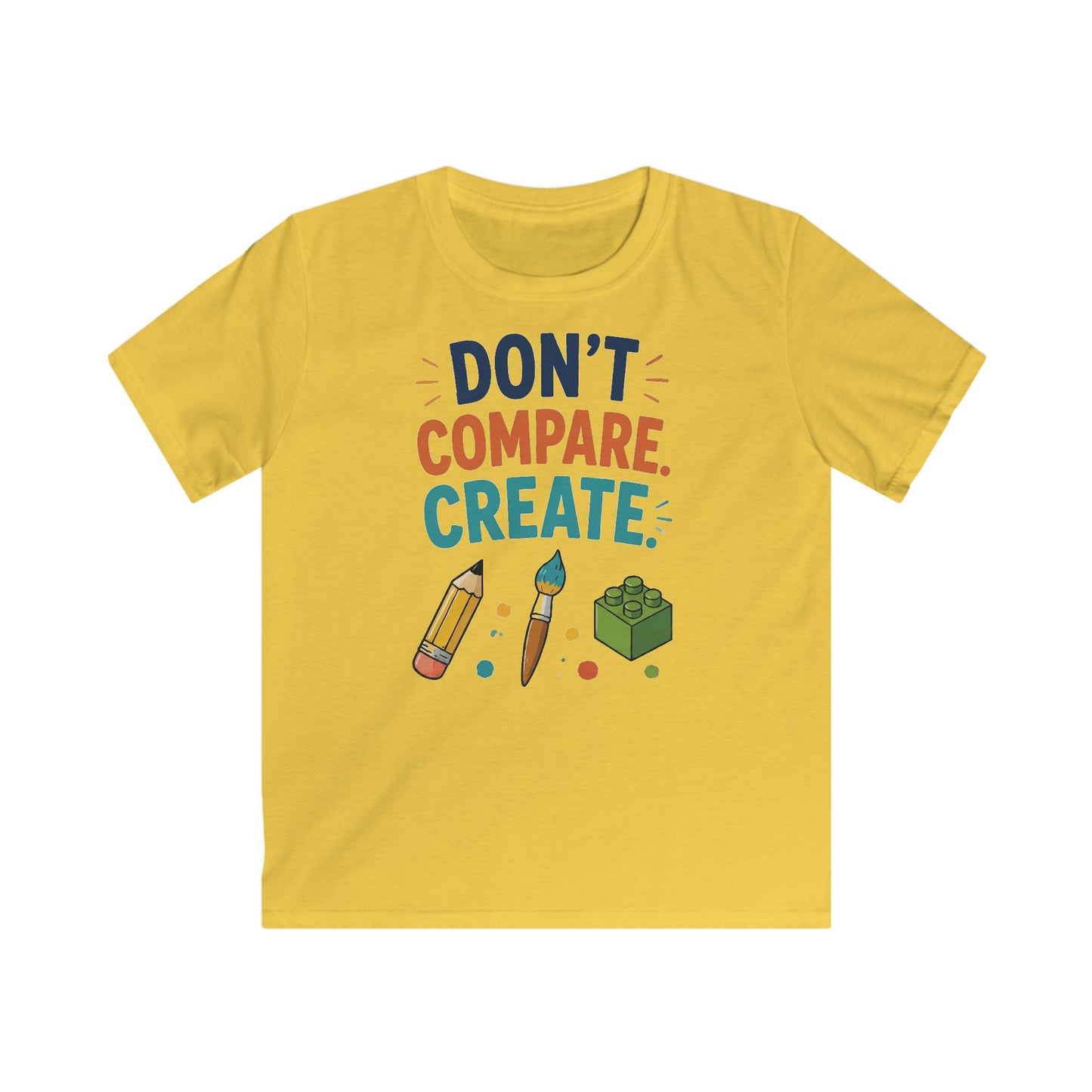 Kids Tee — “Don’t Compare. Create.” Artistic Pencil & Paintbrush Design