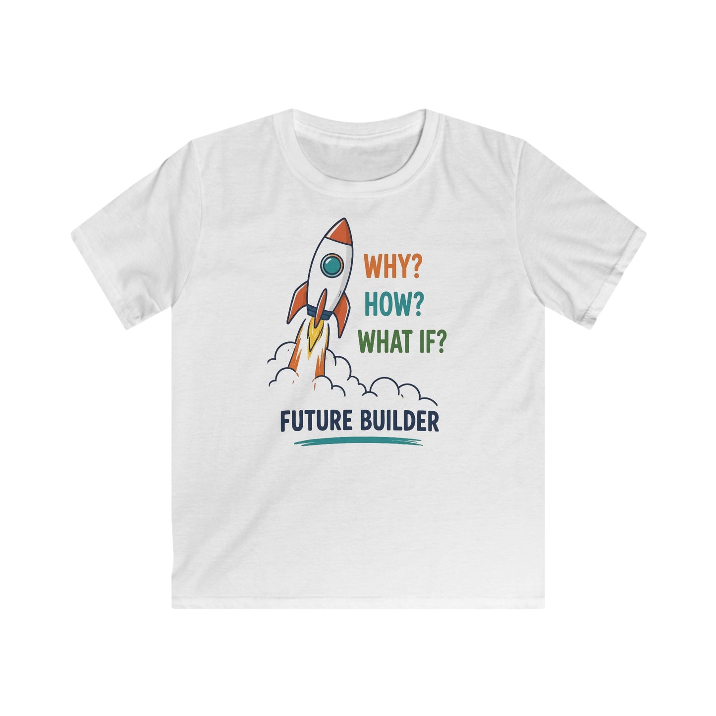 Kids Tee — "Why? How? What If?" Future Builder Rocket Shirt