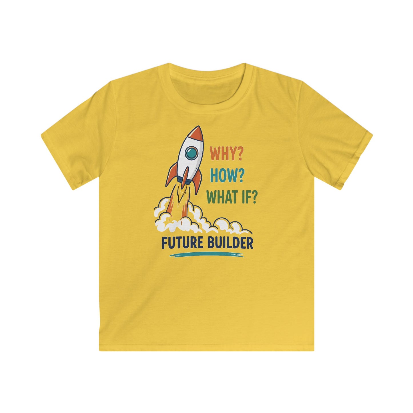 Kids Tee — "Why? How? What If?" Future Builder Rocket Shirt