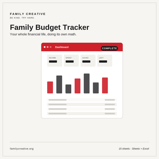 Family Budget Tracker — Complete | 15-Sheet Money System (Sheets + Excel)