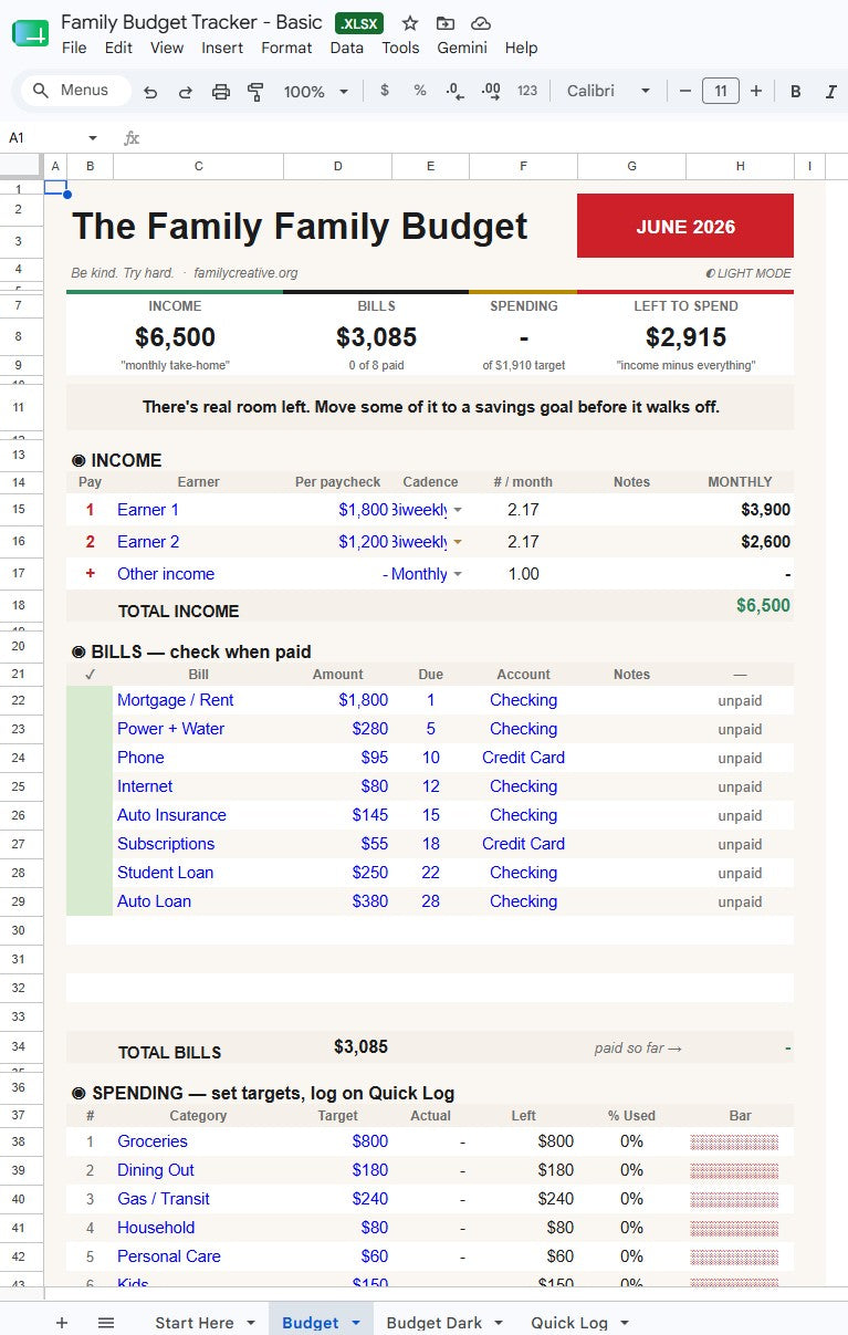 Family Budget Tracker — Basic | Google Sheets + Excel Subtitle