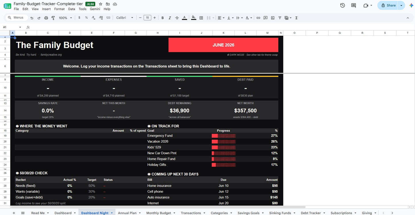 Family Budget Tracker — Complete | 15-Sheet Money System (Sheets + Excel)