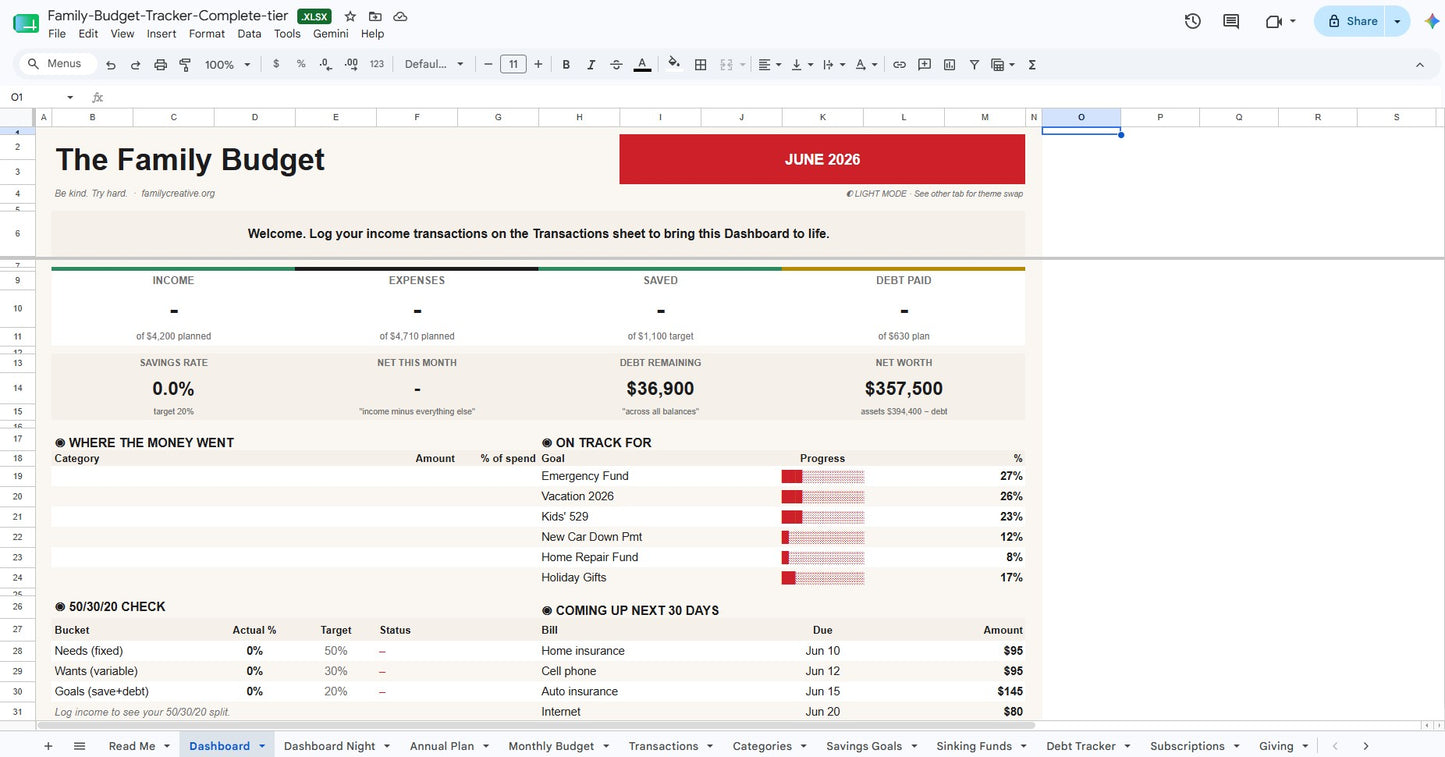Family Budget Tracker — Complete | 15-Sheet Money System (Sheets + Excel)