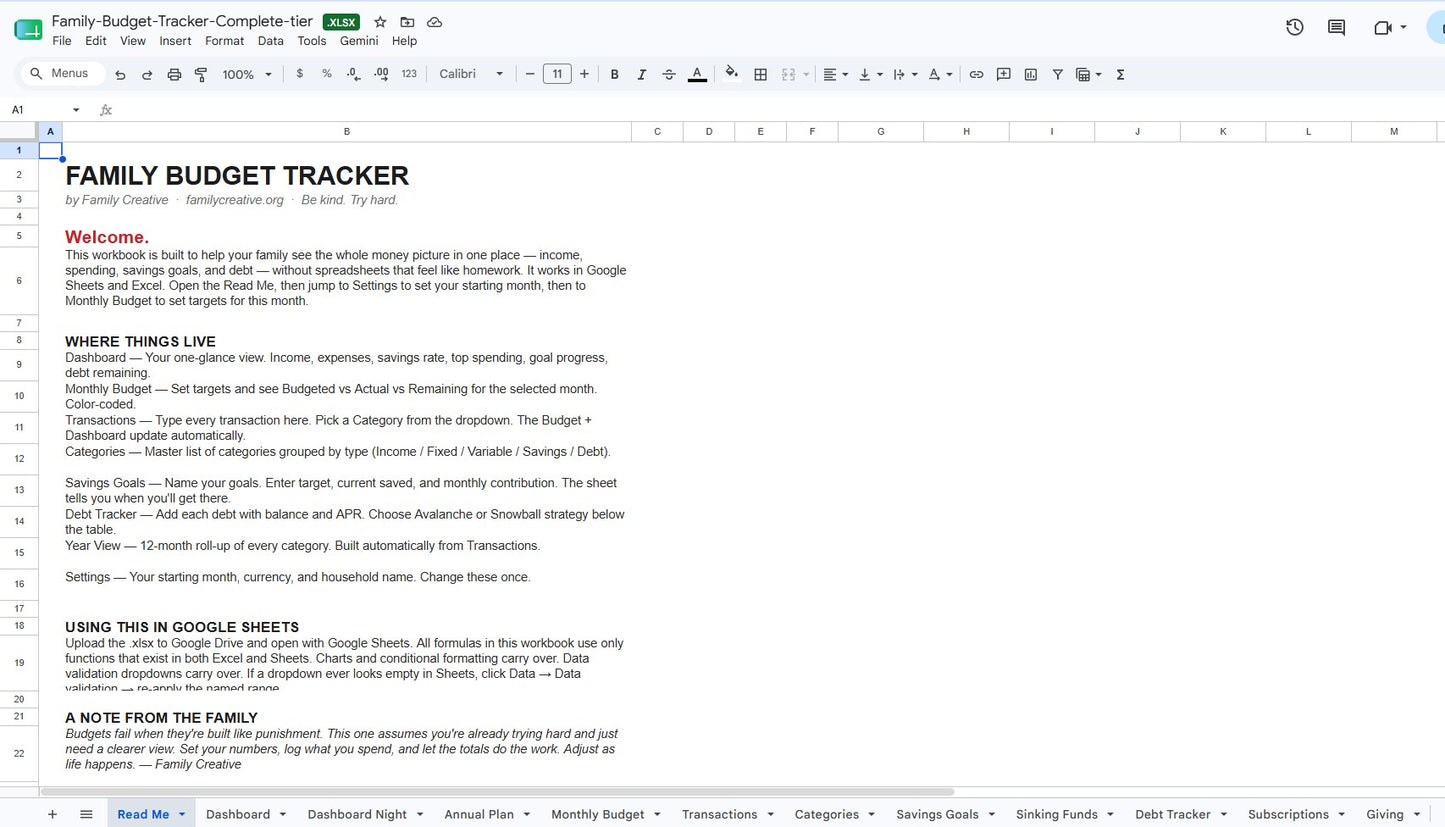 Family Budget Tracker — Complete | 15-Sheet Money System (Sheets + Excel)