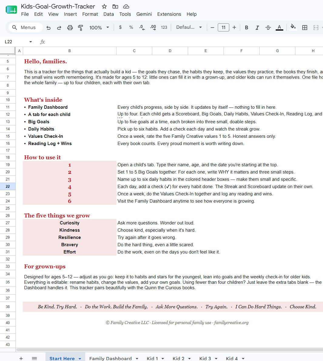 Kids' Goal & Growth Tracker | Goals, Habits, Values & Reading (Sheets + Excel)