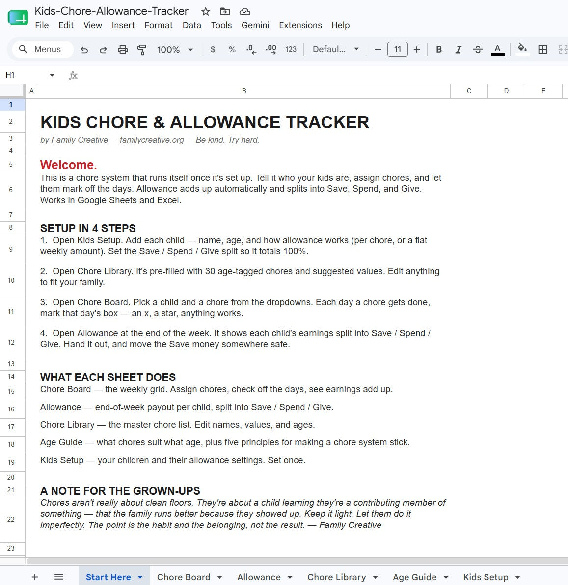 Kids Chore & Allowance Tracker | Age-by-Age Chores + Save/Spend/Give  (Spreadsheet)